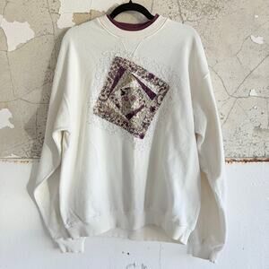 Vtg 90s Sweatshirt Quilt Applique LA Loving USA Patchwork Sweater Cottagecore L